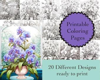 Orchid Coloring Book: 20 Flower Line Art Pages (Digital Download)