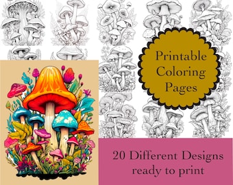 Mushroom Coloring Book: 20 Printable Line Art Pages (Digital Download)