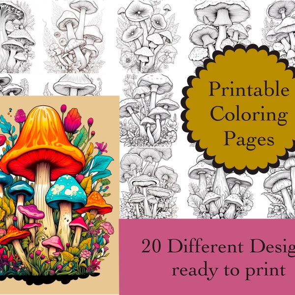 Mushroom Coloring Book 20 Coloring Pages Instant Download Mushrooms Printable Papers Coloring Book Images Mushroom Line Art