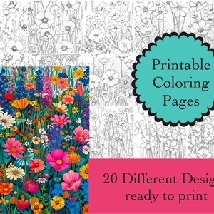 May include: A collection of printable coloring pages featuring floral designs. The image showcases a vibrant, colorful illustration of a flower field alongside black and white line drawings of various flowers. Text reads "Printable Coloring Pages" and "20 Different Designs ready to print."