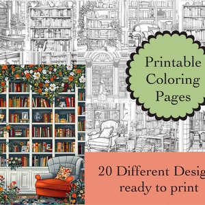 May include: A set of 20 printable coloring pages featuring intricate illustrations of libraries and bookshelves. The pages are ready to print and color.