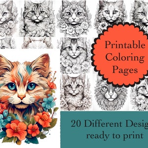 May include: Printable coloring pages featuring 20 different designs of cats with flowers. The designs are black and white and ready to print.