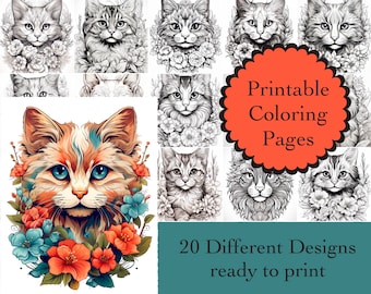 Cat Coloring Book for Adults, Cute Kitten Coloring Pages, Printable PDF Instant Download, Cat Lover Gift