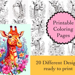 Libro da colorare giraffa 20 pagine da colorare giraffa Download istantaneo Carte stampabili giraffa 20 immagini di libro da colorare giraffa Jungle Line Art