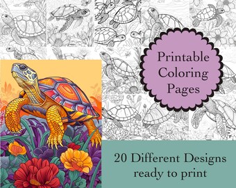 Sea Turtle Coloring Book: 20 Animal Line Art Pages (Instant Download)