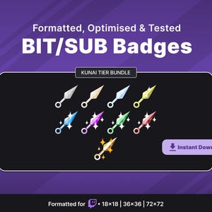 Puede incluir: Un conjunto de siete insignias de chat de Twitch animadas que presentan un kunai, un cuchillo de lanzamiento japonés, en diferentes colores. Las insignias están formateadas para el chat de Twitch y están disponibles en tres tamaños: 18x18, 36x36 y 72x72 píxeles.