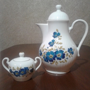 Può includere: Una teiera e una zuccheriera in porcellana bianca con un motivo floreale blu. La teiera ha un coperchio e un manico. La zuccheriera ha un coperchio e due manici.