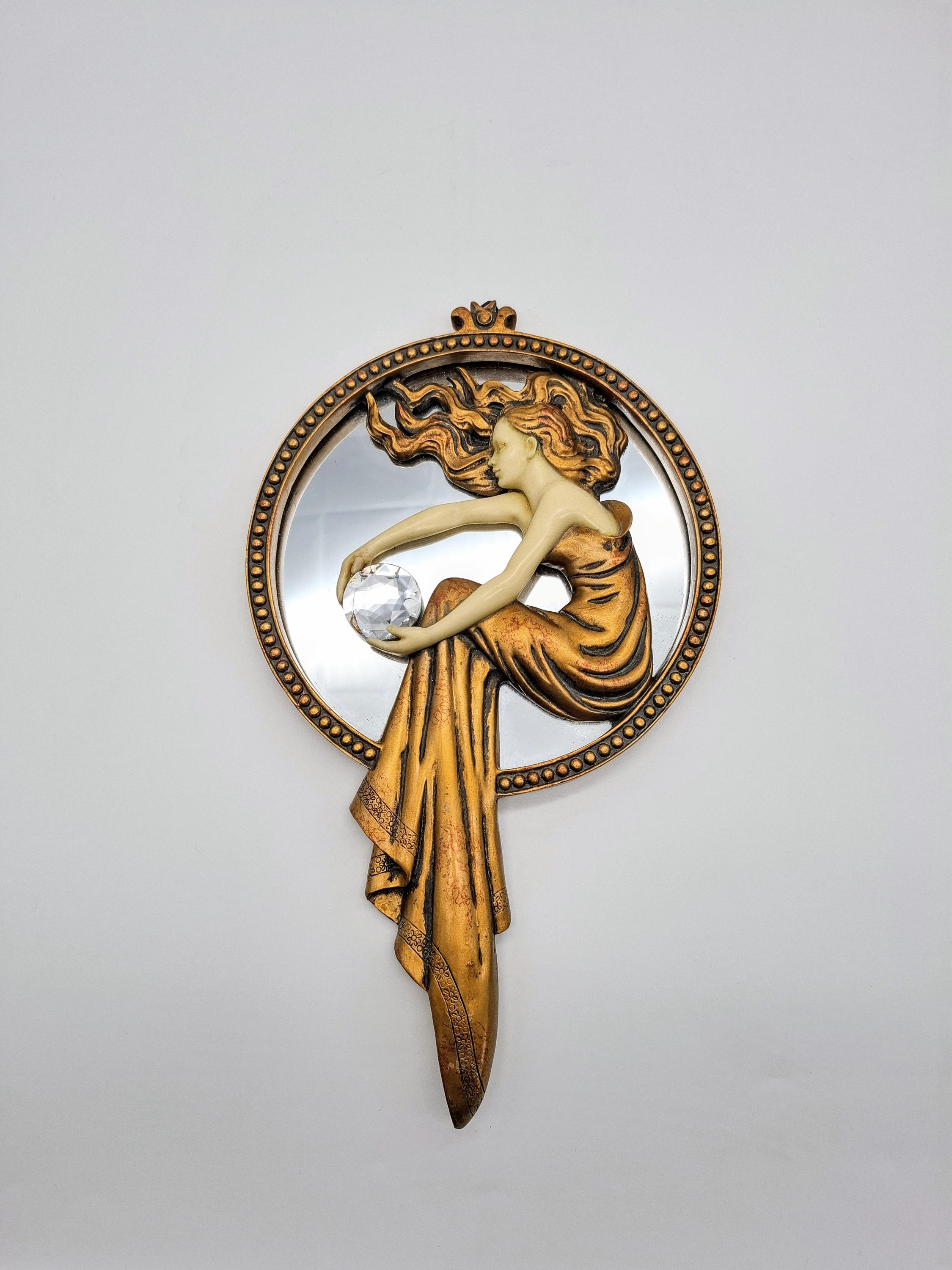 Miroir Mural Vintage Art Nouveau En Laiton Doré - Sculpture Dame Au Bord Du Lac, 29x23cm
