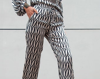 Ladies Slim Trousers | Evie Limited Edition Elasticated Pants Black & Cream Abstract Print