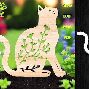 Cat Garden Stake SVG, DXF - Laser geschnitten Dateien, Floral Yard Schild, rustikales Dekor, CNC Dateien, digitale Downloads
