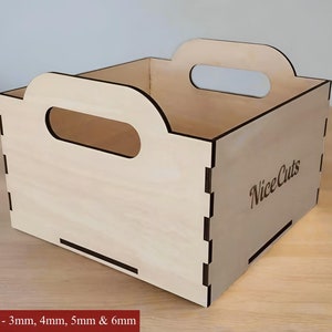 Archivos cortados con láser para cajas de madera: archivo SVG de caja de regalo de almacenamiento personalizada, organizador de bricolaje, archivos CNC de canasta cuadrada personalizada