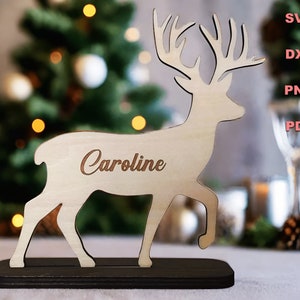 Segno di cervo SVG per taglio laser - regalo personalizzato per Natale, targa personalizzata incisa al laser, ornamento da tavolo, decorazioni per le vacanze invernali
