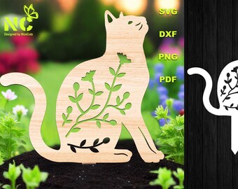 Cat Garden Stake SVG, DXF – Laser Cut Files, Floral Yard Sign, Rustic Decor, CNC Files, Digital Downloads