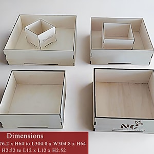 K&ouml;nnte beinhalten: Vier Holzkisten in verschiedenen Gr&ouml;&szlig;en und Konfigurationen. Die Kisten sind aus hellem Holz und haben eine nat&uuml;rliche Oberfl&auml;che. Die Kisten sind mit dem Text "Dimensions" beschriftet und enthalten Ma&szlig;e in Zoll und Millimetern. Die Kisten sind f&uuml;r Bastel- und Heimwerkerprojekte konzipiert.