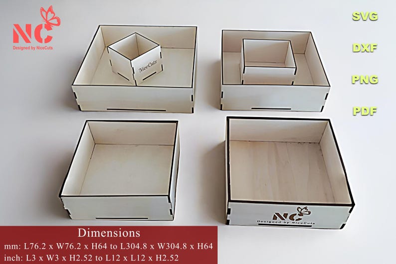 K&ouml;nnte beinhalten: Vier Holzkisten in verschiedenen Gr&ouml;&szlig;en und Konfigurationen. Die Kisten sind aus hellem Holz und haben eine nat&uuml;rliche Oberfl&auml;che. Die Kisten sind mit dem Text "Dimensions" beschriftet und enthalten Ma&szlig;e in Zoll und Millimetern. Die Kisten sind f&uuml;r Bastel- und Heimwerkerprojekte konzipiert.