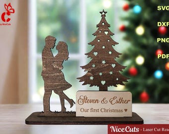 Archivos cortados con láser para árbol de Navidad romántico: letrero de pareja personalizado SVG, regalo de amor navideño personalizado, archivo CNC para decoración navideña