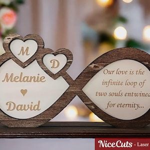 File di taglio laser con scritta Infinity Sign - Decorazione da tavolo personalizzata con amore SVG, regalo di nozze personalizzato inciso al laser per coppia