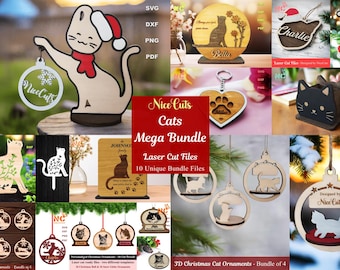 Cat Christmas Mega Bundle SVG - 10 Custom Laser Cut Files for Cat Lovers, Personalized Ornaments Decor, Unique Pet Gift Files