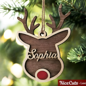 Ornamento natalizio renna Laser Ready SVG - File tagliati al laser con nome personalizzato, decorazioni natalizie personalizzate, file CNC per regali di Natale