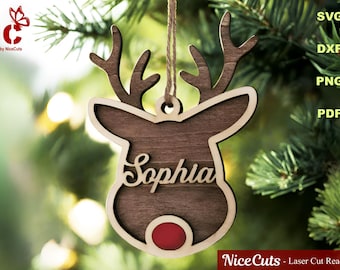 Reindeer Christmas Ornament Laser Ready SVG - Custom Name Laser Cut Files, Personalized Holiday Decor, Christmas Gift CNC Files