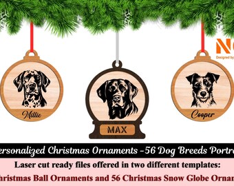 Könnte beinhalten: Drei lasergeschnittene Weihnachtsbaumschmuck aus Holz mit Hunderassen. Der Schmuck ist in Form einer Kugel und einer Schneekugel. Die Hunderassen sind ein Dalmatiner, ein Labrador Retriever und ein Jack Russell Terrier. Der Schmuck ist mit den Namen Millie, Max und Cooper personalisiert.
