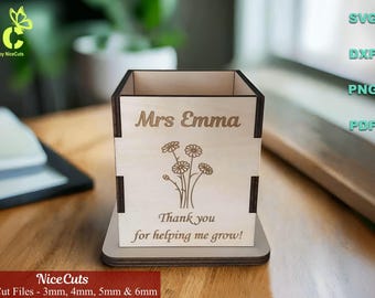 Archivos cortados con láser para portabolígrafos personalizados: organizador de escritorio SVG personalizado, caja para guardar lápices, plantilla CNC, regalo para profesores, listo para DXF.