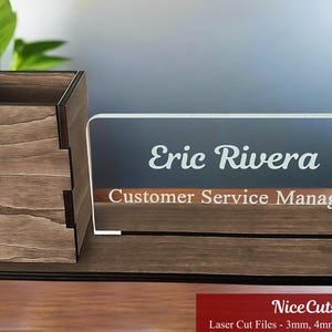 Desk Name Plate with Pen Holder SVG - Personalized Office Organizer Laser Cut Files, Custom Name Stand Gift, Desk Decor DXF File