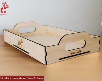 Tablett Laser Cut Dateien - Benutzerdefinierte hölzernes flaches Serviertablett mit Griff SVG bereit, rustikaler Aufbewahrungsorganisator, personalisiertes Wohnkulturgeschenk