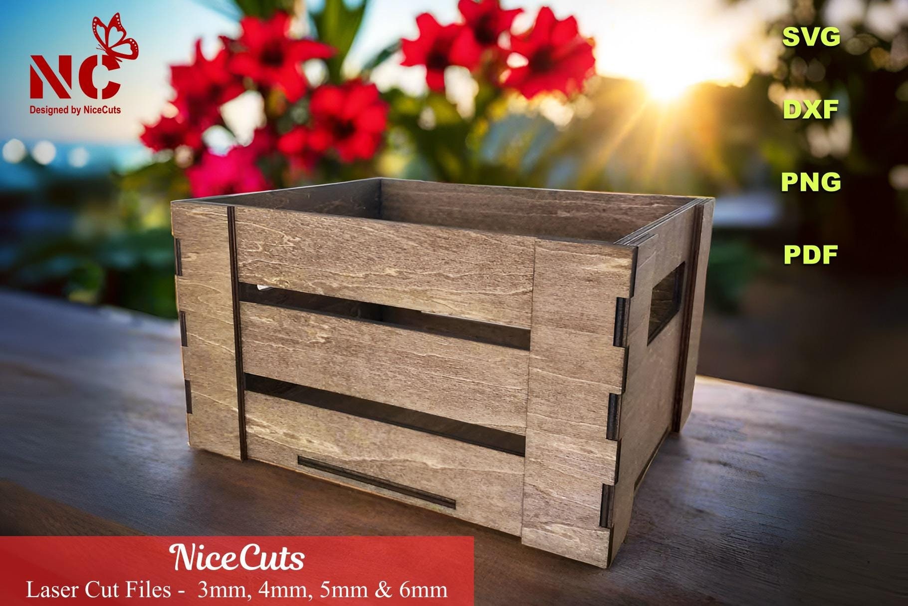 Rustic Wood Crate Laser Cut Files - Custom Storage Gift Box SVG File, DIY Organizer, Personalized Wooden Basket Cnc File