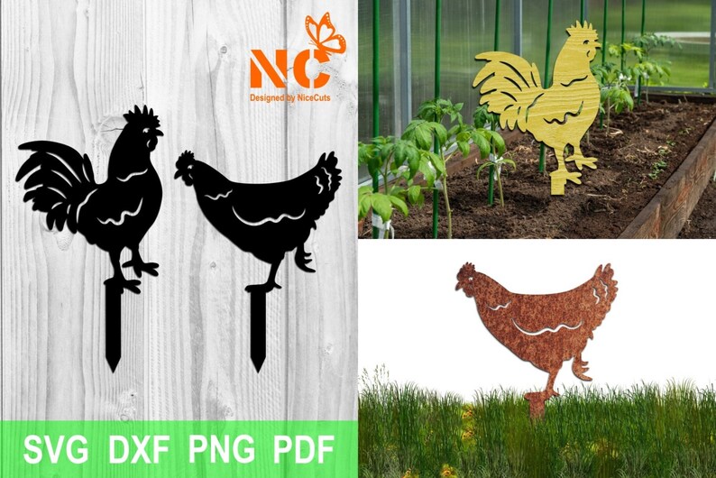 Rustic Chicken Rooster Laser Cut Stakes, Farmhouse Laser SVG image 1