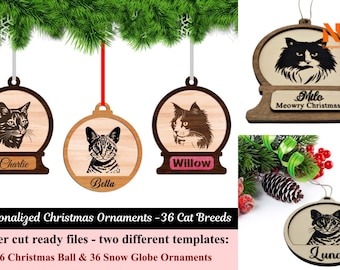 Cat Christmas Ornaments SVG Bundle – Personalized Laser Cut Files for 36 Cat Breeds, Custom Holiday Decor and Unique Gift
