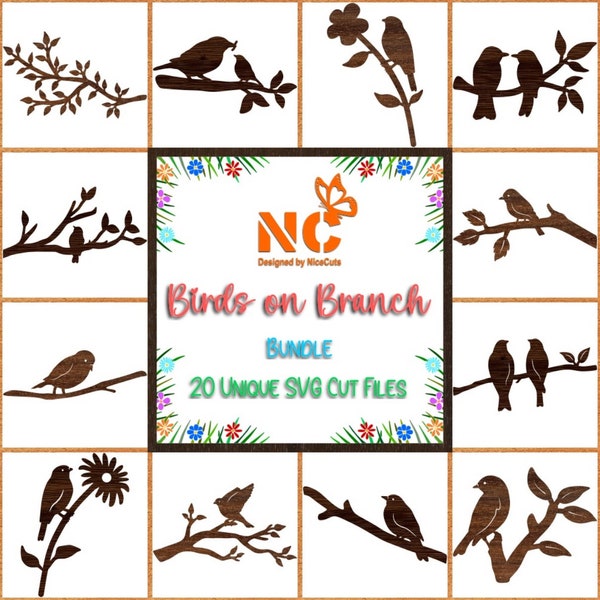 Birds on Tree Branch Silhouette - Bundle of 20 SVG