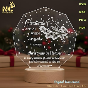 May include: A clear acrylic Christmas decoration with a wooden base. The decoration features the text "Cardinals Appear When Angels are near" and "Christmas in Heaven". A cardinal bird illustration is also present.