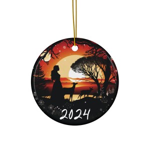 A Christmas Silhouette girl at sunset design 2024 Ceramic Ornament