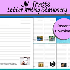May include: A set of printable letter writing stationery featuring a variety of images, including a lake, a flower, a family, a person reading a book, and a garden. The stationery includes the text "JW Tracts Letter Writing Stationery" and "Instant Download".