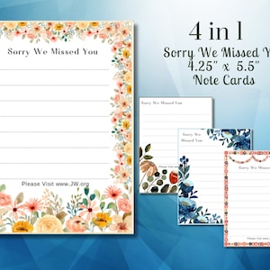 May include: Set of four "Sorry We Missed You" note cards, each 4.25 x 5.5 inches. The main card features floral borders and lined writing space. Additional cards showcase floral and decorative designs. Text includes "Sorry We Missed You" and website address.