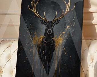 Ciervo dorado, arte mural sobre lienzo, pintura animal moderna