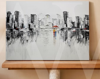 Modern City Abstract Canvas, Oversized Urban Landscape Oil Painting