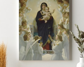 May include: A framed religious artwork shows a woman in a dark blue robe holding a baby, encircled by angels in white robes. The artwork has a soft, classical style with a halo of light around the figures.