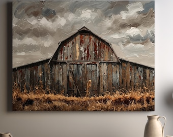 Old Barn Canvas, Rustic Farmhouse Wall Art, Country Landscape Painting, Vintage Barn Decor