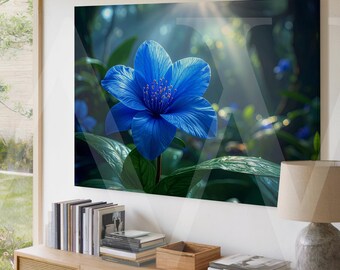 May include: A framed print of a striking blue flower. The image showcases a detailed close-up of a single, large blue flower with textured petals, set against a blurred green and blue backdrop, creating a natural scene.