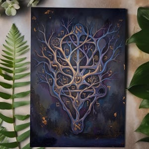 May include: A dark blue and gold artwork featuring a stylized tree with intricate branches and Hebrew letters. The artwork has a textured appearance and is surrounded by green foliage, creating a natural contrast.