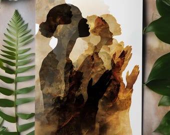 May include: An art print featuring a layered silhouette of a woman in shades of brown and gold. The artwork depicts a profile view with hands clasped in prayer, set against a white background. The print is surrounded by green foliage.