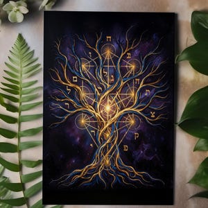 May include: A vibrant art print featuring a stylized tree with golden branches and roots against a dark, starry background. Geometric shapes and Hebrew letters are integrated into the design. The artwork is surrounded by green foliage.