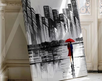 Modern City Abstract Canvas, Oversized Urban Landscape Oil Painting