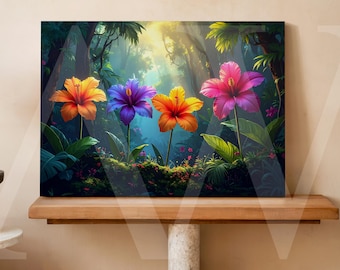 May include: A colourful art print depicting five hibiscus flowers in a tropical forest. The flowers are orange, purple, yellow, and pink, with sunlight filtering through the trees. The artwork is displayed on a wooden shelf, with the print measuring approximately 60 cm in width.