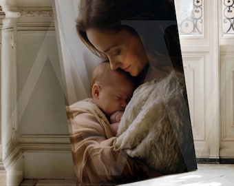 May include: A framed canvas print showing a mother and baby. The mother is holding the baby close, with their faces touching. The image has a soft, warm feel, with a neutral colour palette of beige and cream tones.