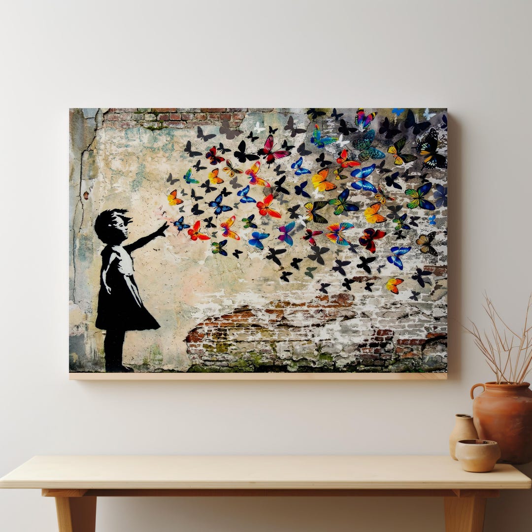 Street Art Girl With Butterfly Canvas Wall Art, Graffiti Style Urban ...