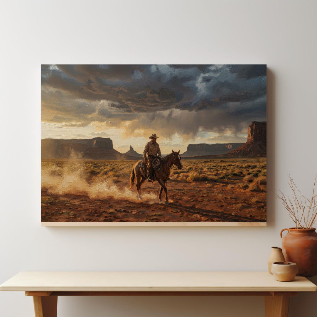 Lone Cowboy Riding a Horse Canvas | Western Rustic Wall Art - Etsy