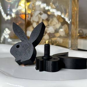 Puede incluir: Dos objetos negros con forma de conejito, uno con un tornillo, están sobre una superficie blanca. Las figuras de conejito tienen superficies texturizadas y están frente a un fondo borroso. Los objetos son probablemente decorativos o funcionales.
